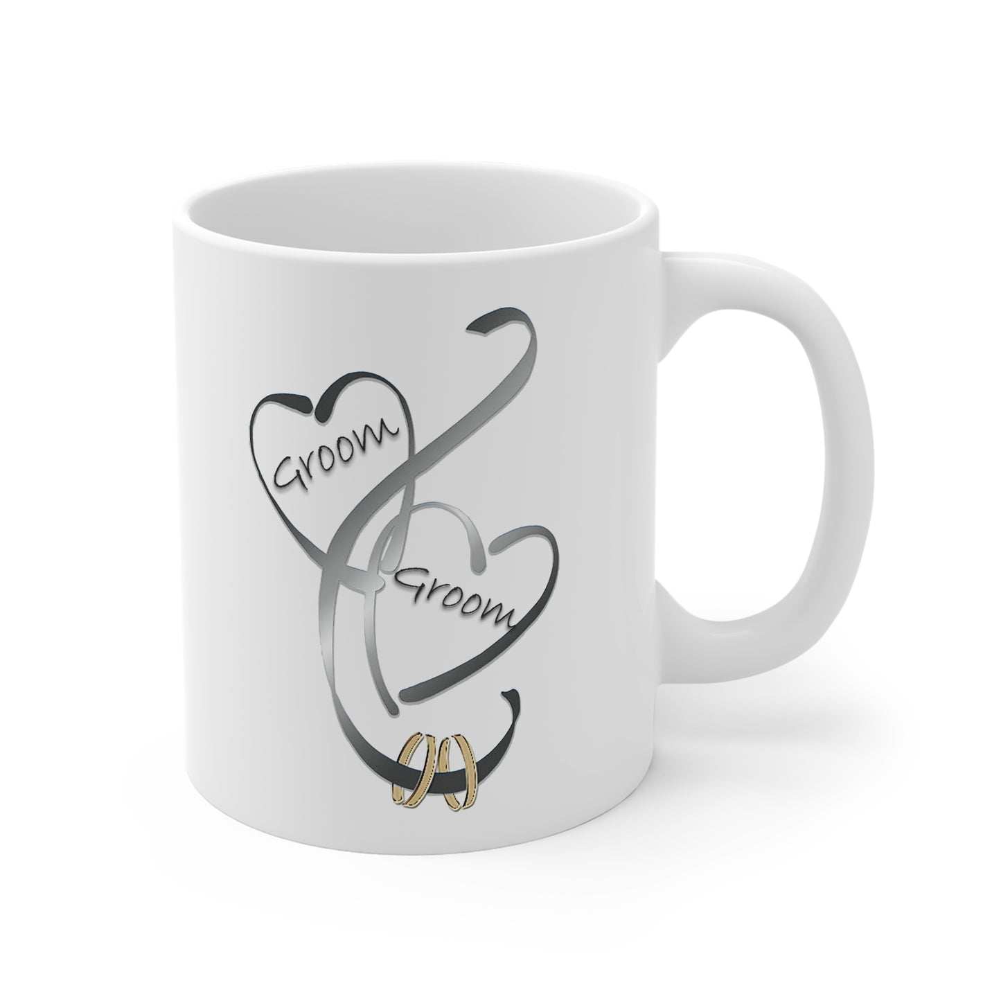 Hearts Ribbons & Rings 11oz White Mug (Groom/Groom)