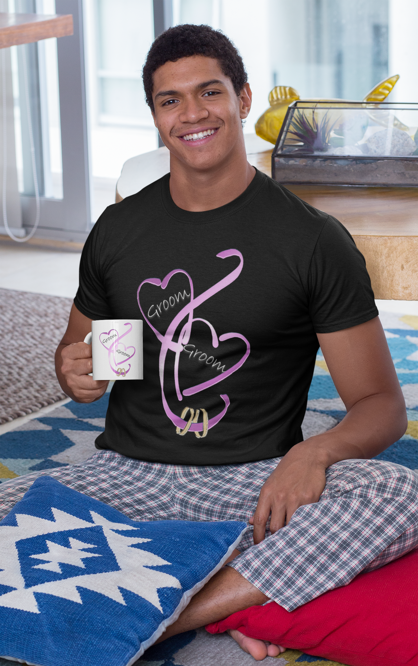Hearts Ribbons & Rings 11oz White Mug (Groom/Groom)