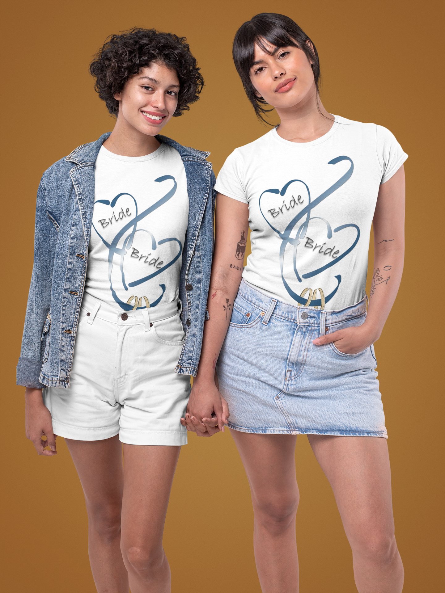 Hearts and Ribbon Wedding T-shirt - Bride/Bride (Dk Blue)