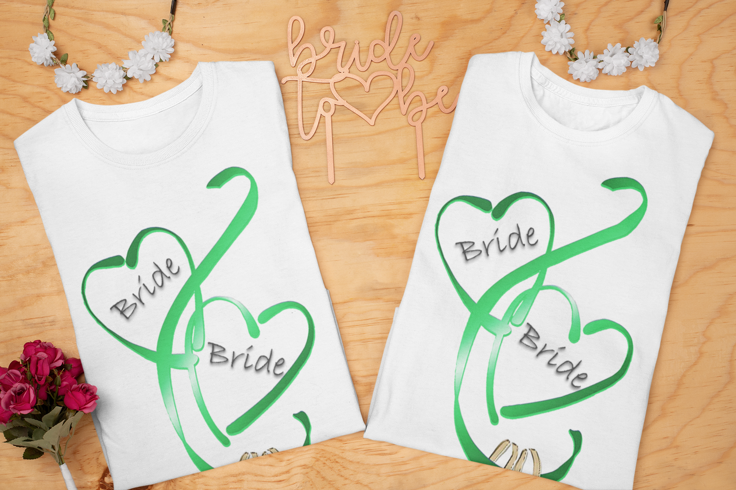 Hearts and Ribbon Wedding T-shirt - Bride/Bride (Green)