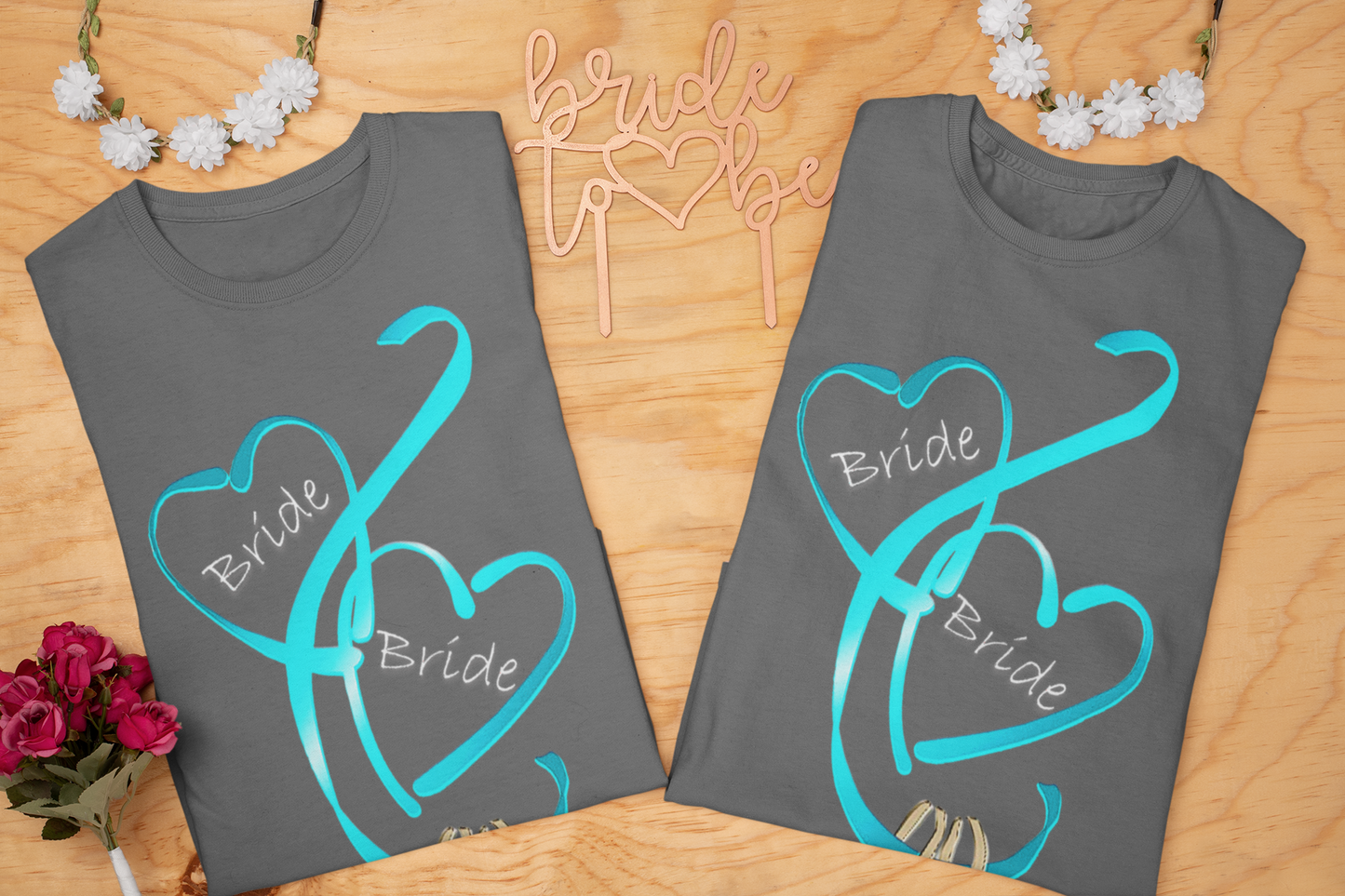 Hearts and Ribbon Wedding T-shirt - Bride/Bride (Lt Blue)