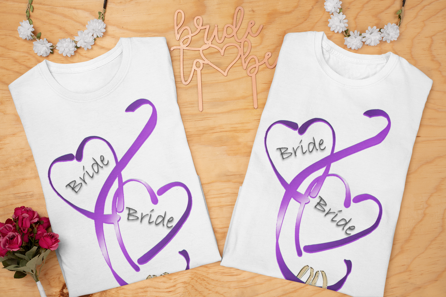Hearts and Ribbon Wedding T-shirt - Bride/Bride (Purple)
