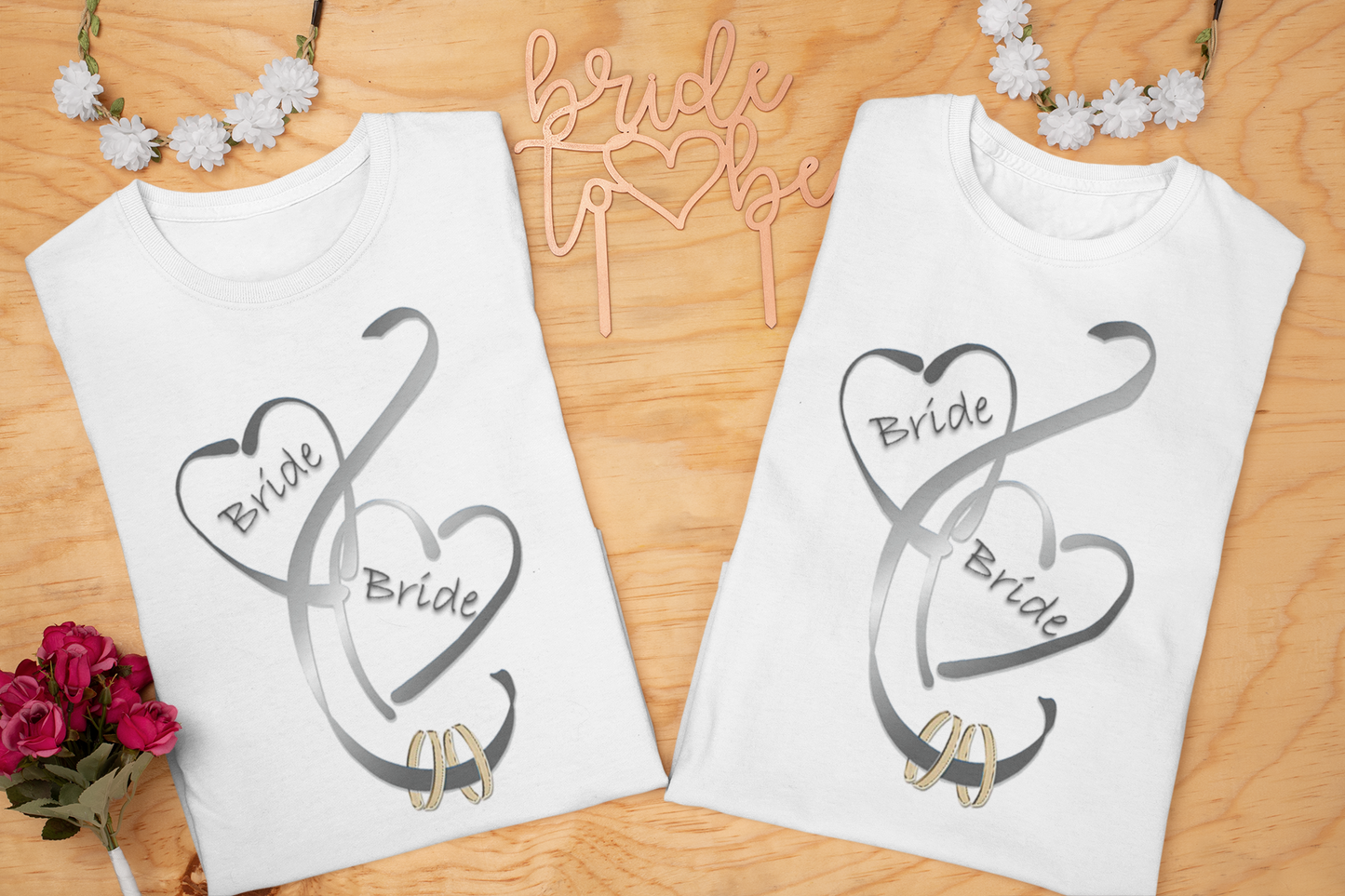 Hearts and Ribbon Wedding T-shirt - Bride/Bride (Silver)