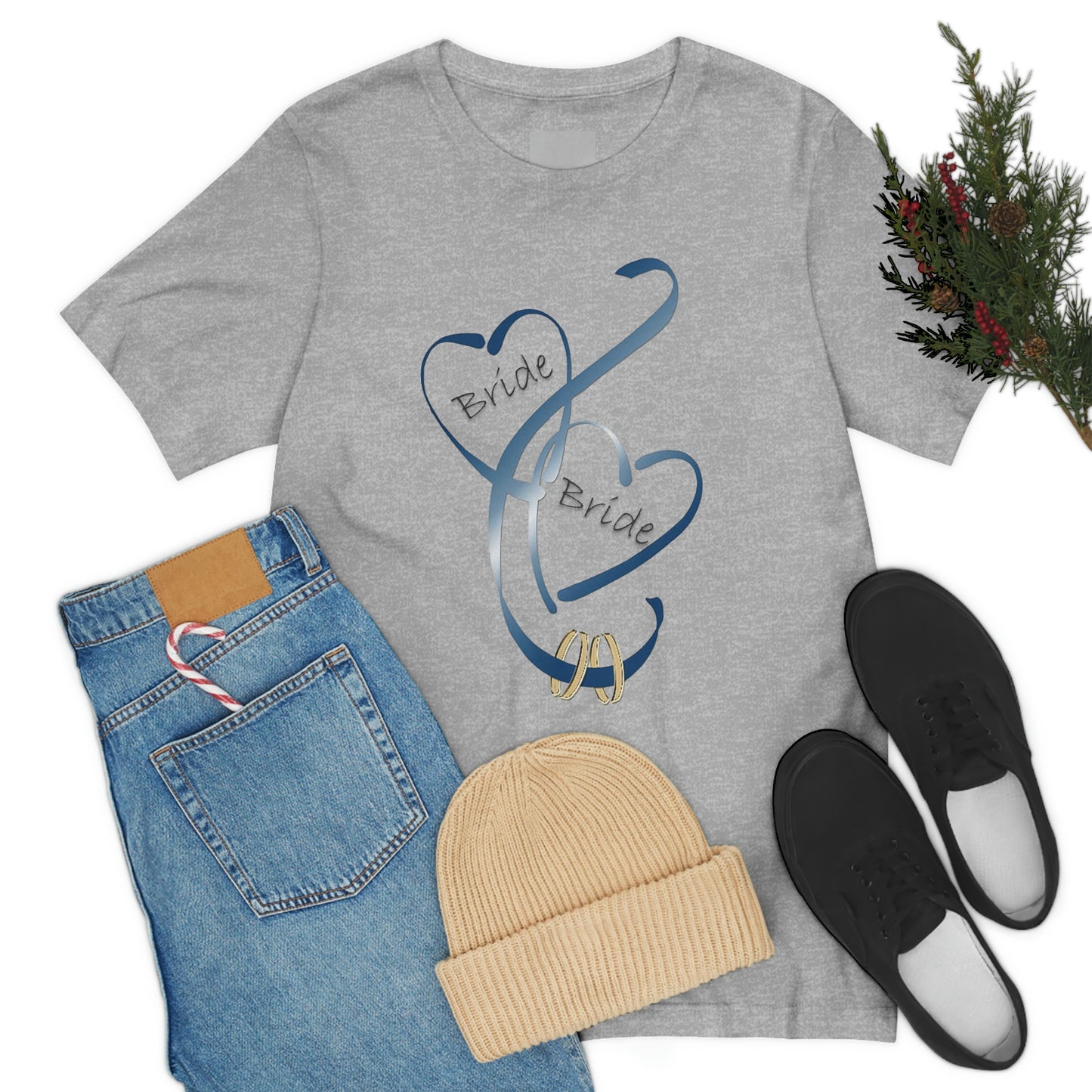 Hearts and Ribbon Wedding T-shirt - Bride/Bride (Dk Blue)