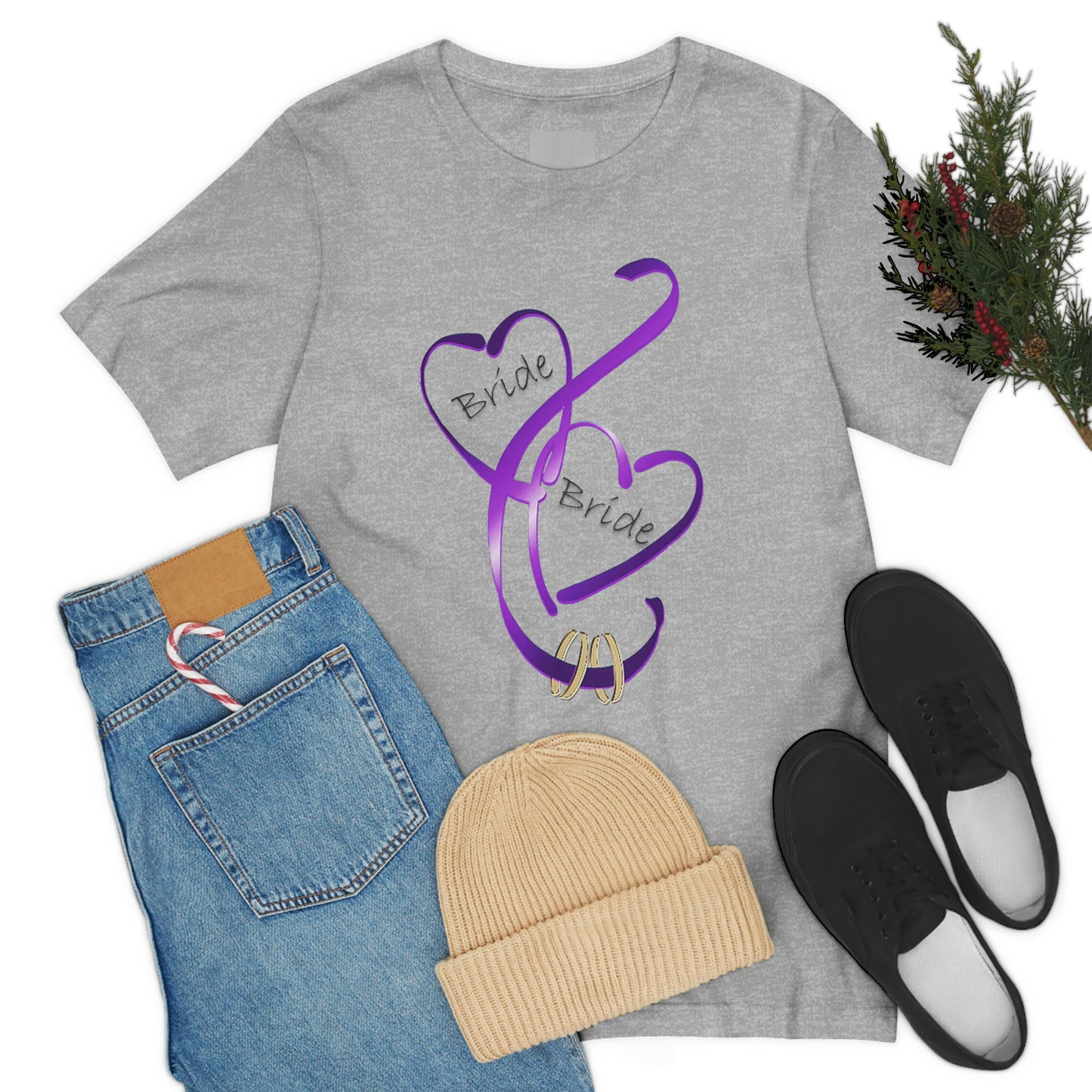 Hearts and Ribbon Wedding T-shirt - Bride/Bride (Purple)
