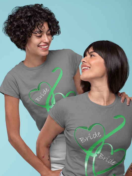 Hearts and Ribbon Wedding T-shirt - Bride/Bride (Green)