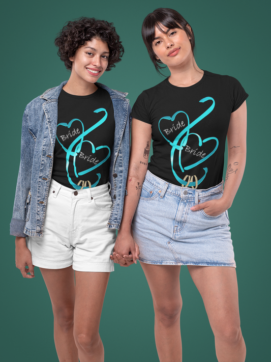 Hearts and Ribbon Wedding T-shirt - Bride/Bride (Lt Blue)