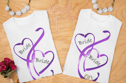 Hearts and Ribbon Wedding T-shirt - Bride/Bride (Purple)