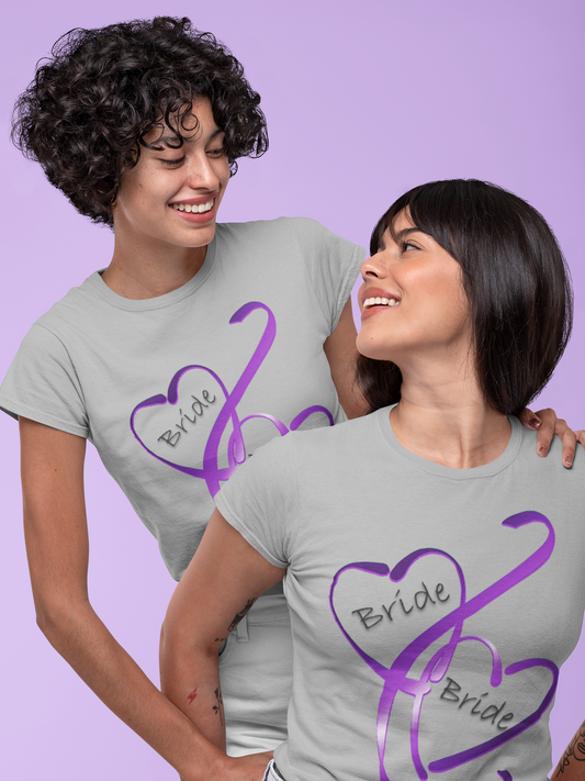 Hearts and Ribbon Wedding T-shirt - Bride/Bride (Purple)