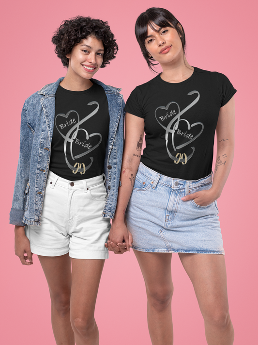 Hearts and Ribbon Wedding T-shirt - Bride/Bride (Silver)