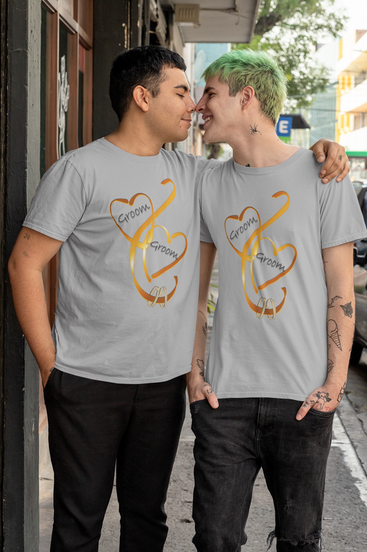 Hearts and Ribbon Wedding T-shirt - Groom/Groom (Orange)