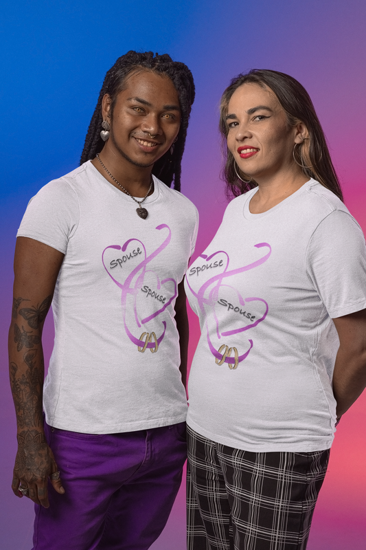 Hearts and Ribbon Wedding T-shirt - Spouse/Spouse (Pink)